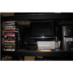 LARGE SHELF OF ELECTRONICS INCLUDING DVDS, HP & TOSHIBA MONITORS, HP COMPUTER TOWER, HP PRINTER,