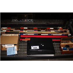 SHELF INCLUDING 3 LAPTOPS ( GATEWAY, THINKPAD, AND SONY ), POOL CUES IN CASES, GAMES, AND MORE