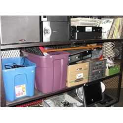 LARGE SHELF OF MISC. INCLUDING ELECTRONICS, GAMES, CDS, DVDS, CABLES, KEYBOARDS, AND MORE