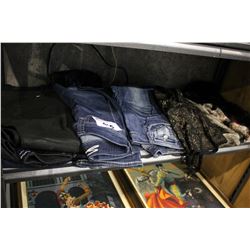 SHELF OF CLOTHING INCLUDING FUR, JEANS, AND MORE