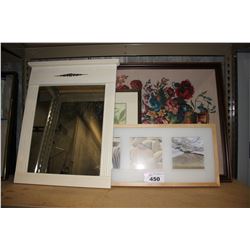 SHELF OF ARTWORK INCLUDING MIRROR, NEEDLE POINT, AND MORE