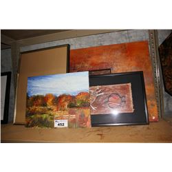 SHELF OF ARTWORK INCLUDING OIL PAINTING AND MORE