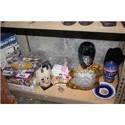 SHELF OF MISC. INCLUDING BOARD GAMES, WINE CHILLER, PERFUME, BEADS, VASES, PLATES, AND MORE