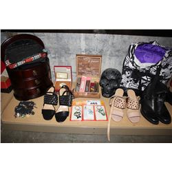 SHELF OF MISC. INCLUDING HIGH HEELS, BOOTS, BAGS, HARMONICAS, JEWELLERY, AND MORE