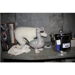 SHELF OF MISC. INCLUDING CHAUDIERE COLANDER, STUFFED BEAR, SWEATER, AND MORE