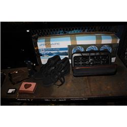 SHELF OF RCA MONITOR, SHOES, SUNGLASSES, WALLET, FAN, PURSE, AND MORE