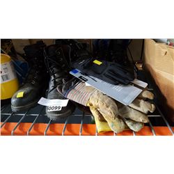 2 PAIRS OF MOTORCYCLE BOOTS, STEEL TOE BOOTS, AND GLOVES