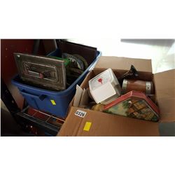 TOTE WITH AMMO BOX ART GLASS AND WOOD CONAINER AND ESTATE GOODS
