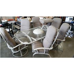 GLASS TOP PATIO TABLE WITH 6 CHAIRS AND UMBRELLA STAND