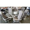 Image 1 : GLASS TOP PATIO TABLE WITH 6 CHAIRS AND UMBRELLA STAND