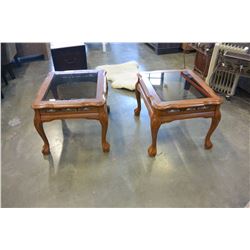 PAIR OF OAK GLASS TOP END TABLES