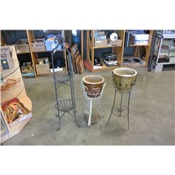 2 METAL PLANTER STANDS W/ POTS AND METAL DOUBLE PLANTER STAND
