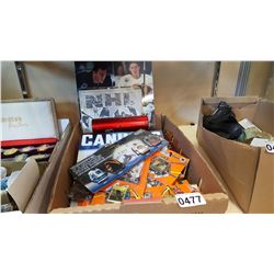 TRAY OF HOCKEY COLLECTIBLE AND MINI MCDONALDS HOCKEY STICKS