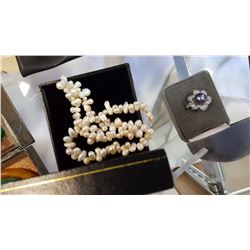 BLACK PEARL LADIES RING AND PEARL NECKLACE