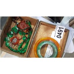 VINTAGE BRASS JEWELLRY BOX WITH JADE JEWELLRY ETC.