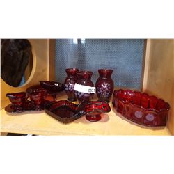 TRAY OF RED VASES AND SERVING PIECES