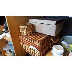 WICKER PICNIC BASKET WITH CONTENTS AND CANDLE STANDS