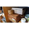 Image 1 : WICKER PICNIC BASKET WITH CONTENTS AND CANDLE STANDS