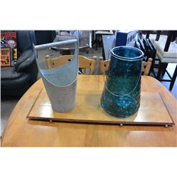 TALL DECORATIVE BUCKET AND BLUE GLASS HANDLED CONTAINER