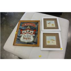 FRAMED MIRRORED SMIRNOFF ADVERT AND 2 SMALL PICTURES
