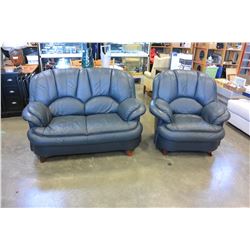 BLUE LEATHER LOVE SEAT AND ARMCHAIR