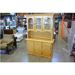TAN SERVING CABINET WITH OPEN HUTCH GLASS DOOR CABINET