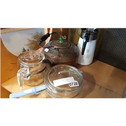 PYREX POT W/ HANDLE, PYREX TEAPOT, AND COPPER KETTLE