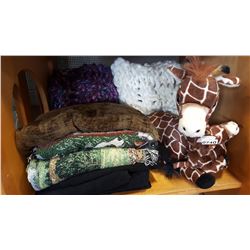 LOT OF BED THROW PILLOWS AND BLANKETS, AND GIRAFFES