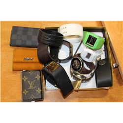 LOT OF WATCHES, LEATHER WRIST BANDS, AND KEY CASES, ETC.