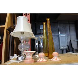 2 PARTY LITE CANDLE STICKS, GLASS CANDLE STICKS, AND VASES