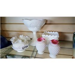 HOBNAIL VASES, MILK GLASS VASE, AND MILK GLASS COMPOTE