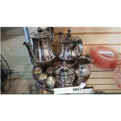 SILVER PLATE, COFFEE/TEA POT CREAMER AND SUGAR, AND PLATTER