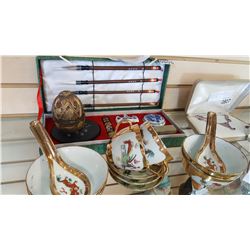 CASED CALLIGRAPHY AND STAMP SET AND EASTERN SOUP AND TEA SET