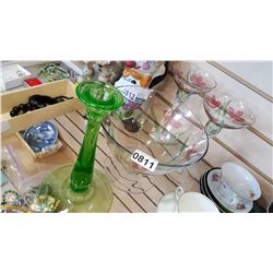 HAND PAINTED BOWL AND CANDLESTICKS AND GREEN VASELING GLASS CANDLESTICK