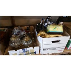 2 BOXES OF OIL LANTERNS, CAKE DISH, AND FIGURES