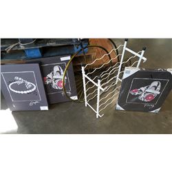 WINE RACK METAL BIKE ART AND 3 CANVAS PRINTS