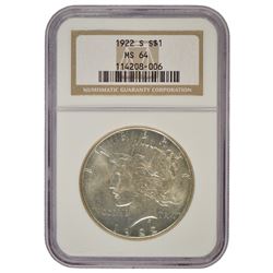 1922-S $1 Peace Silver Dollar Coin NGC MS64