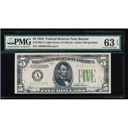 1934 $5 Boston Federal Reserve Note PMG 63EPQ