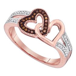 0.15 CTW Red Color Diamond Double Heart Love Ring 10KT Rose Gold - REF-22M4H