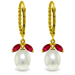 Genuine 9 ctw Ruby & Pearl Earrings Jewelry 14KT Yellow Gold - REF-41P4H