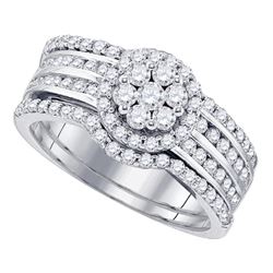 1.11 CTW Diamond Cluster 3-Piece Bridal Engagement Ring 14KT White Gold - REF-89F9N