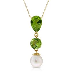 Genuine 5.25 ctw Peridot & Pearl Necklace Jewelry 14KT Yellow Gold - REF-25W9Y