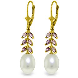 Genuine 9.2 ctw Pearl & Amethyst Earrings Jewelry 14KT Yellow Gold - REF-45K8V