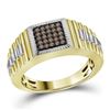 0.25 CTW Mens Cognac-brown Color Diamond Ribbed Ring 10KT Yellow Gold - REF-37H5M