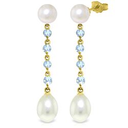 Genuine 11 ctw Pearl & Aquamarine Earrings Jewelry 14KT Yellow Gold - REF-30Y3F