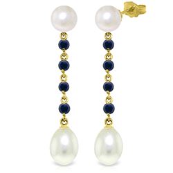 Genuine 11 ctw Pearl & Sapphire Earrings Jewelry 14KT Yellow Gold - REF-31N4R