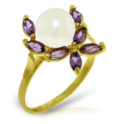 Genuine 2.65 ctw Pearl & Amethyst Ring Jewelry 14KT Yellow Gold - REF-28T5A