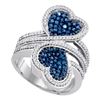 1.1 CTW Blue Color Diamond Double Heart Bypass Ring 10KT White Gold - REF-75F2N