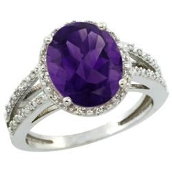 Natural 3.47 ctw Amethyst & Diamond Engagement Ring 14K White Gold - REF-46A3V