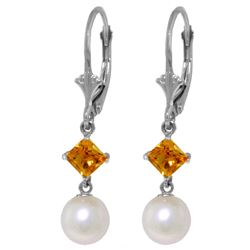 Genuine 5 ctw Pearl & Citrine Earrings Jewelry 14KT White Gold - REF-29R7P